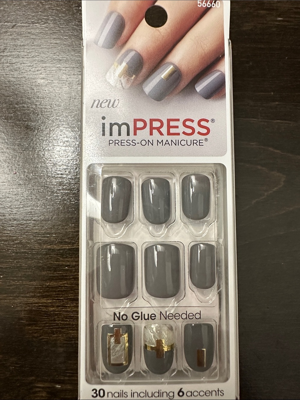 imPRESS Gray Press-On Manicure Nails with Gold Accent Designs